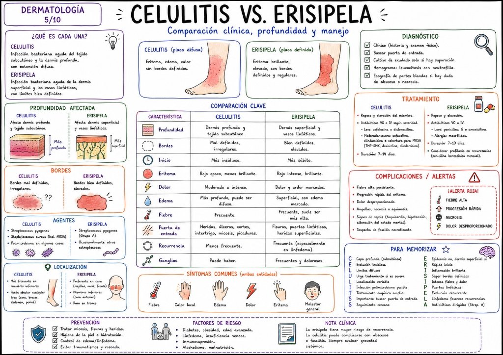 Celulitis vs. Erisipela: Comparación clínica, profundidad y manejo