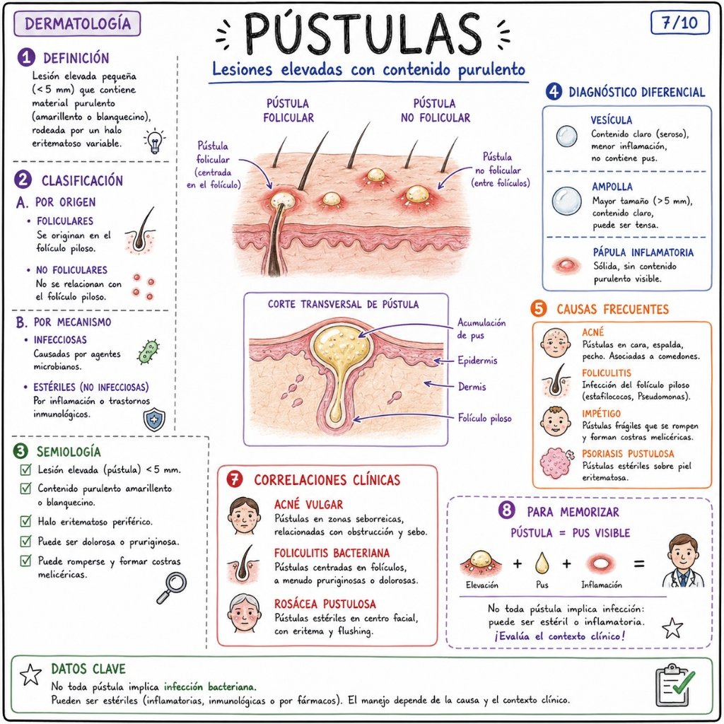 Pústulas: Lesiones elevadas con contenido purulento